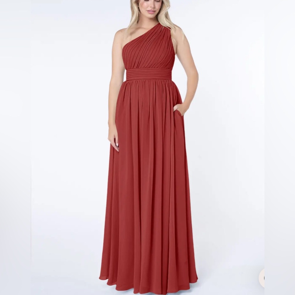 AZAZIA - Women’s Molly Pleated A-line One shoulder Chiffon Maxi Dress Rust SZ 10